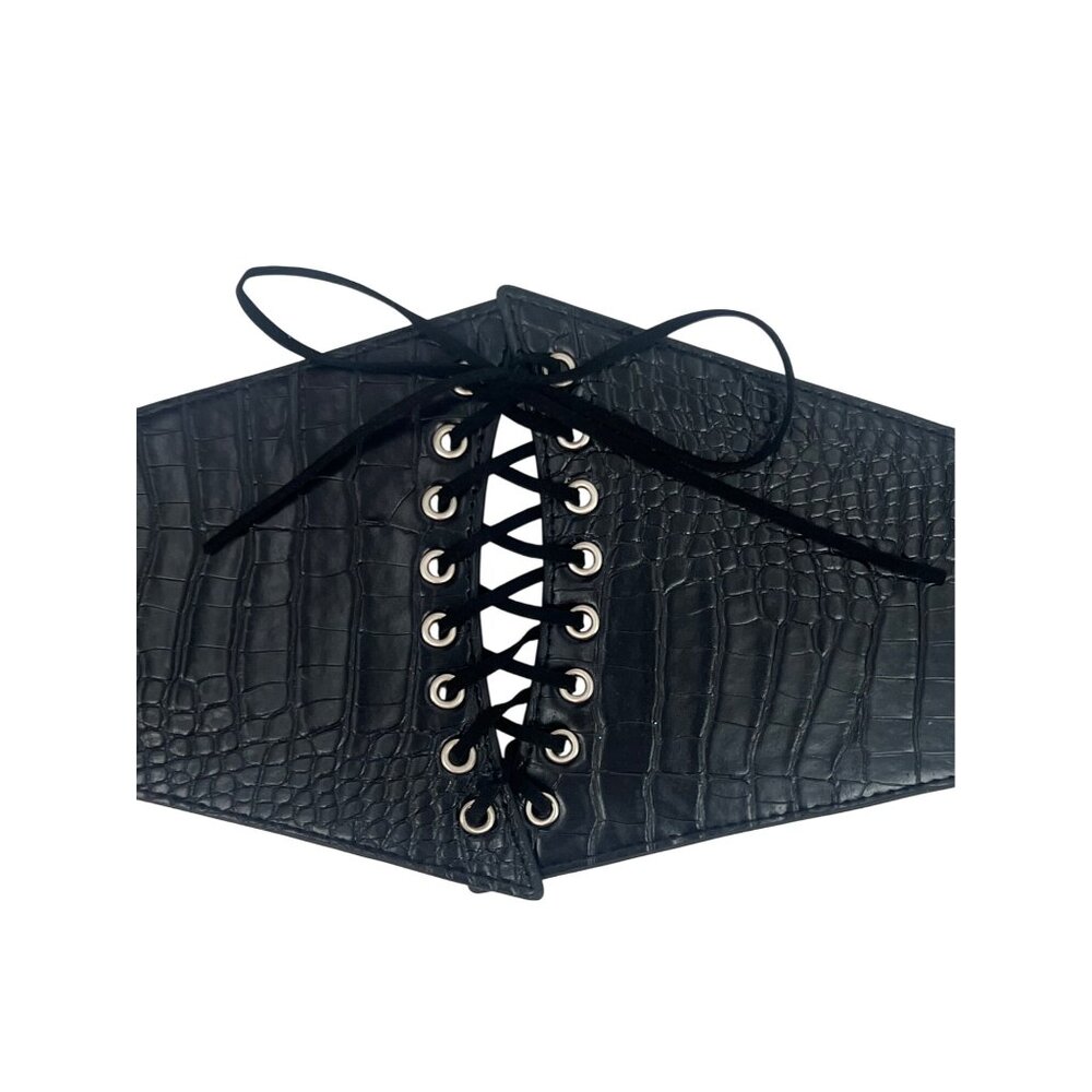 Black Faux Leather Corset Lace-Up Front Snap Closure Croc-Embossed Wide Belt - Picture 6 of 14